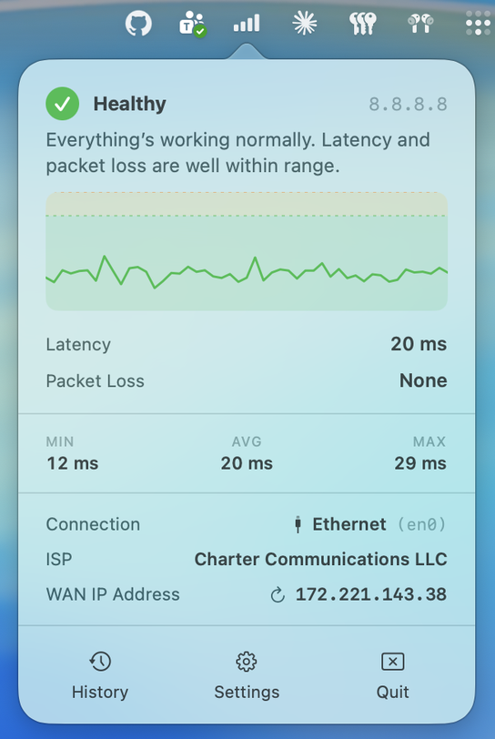Uplink popover showing a healthy connection with a latency sparkline, current latency and packet loss, min / avg / max, and the connection type, ISP, and WAN IP address