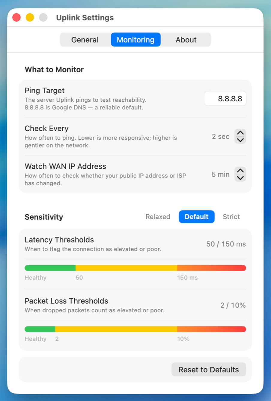 Uplink Settings window on the Monitoring tab, showing ping target, check interval, WAN IP watch frequency, sensitivity presets, and latency and packet-loss thresholds